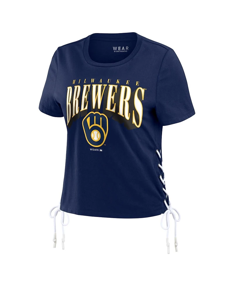 Women's Wear by Erin Andrews Navy Milwaukee Brewers Side Lace-Up Cropped T-shirt