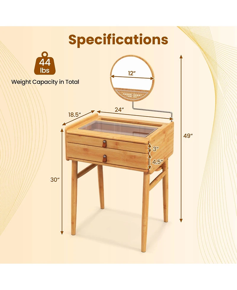 Costway Makeup Vanity Table with Adjustable Mirror Bamboo Dressing Table 2 Drawers