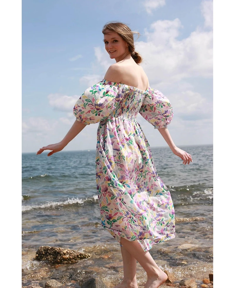 Jessie Zhao New York Violet Garden Smocked Cotton Silk Dress