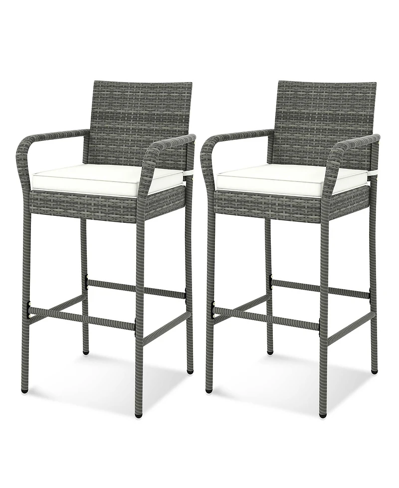 4PCS Patio Pe Wicker Bar Chairs Counter Height Barstools With Armrests &Cushions
