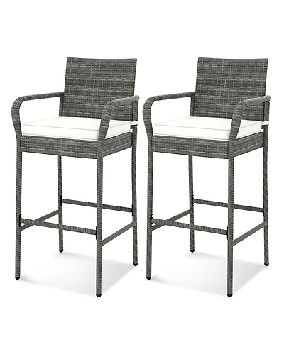4PCS Patio Pe Wicker Bar Chairs Counter Height Barstools With Armrests &Cushions