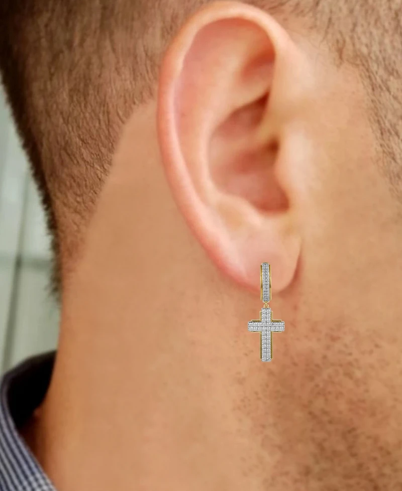 Men's Diamond Cluster Cross Dangle Hoop Earrings (1 ct. t.w.)
