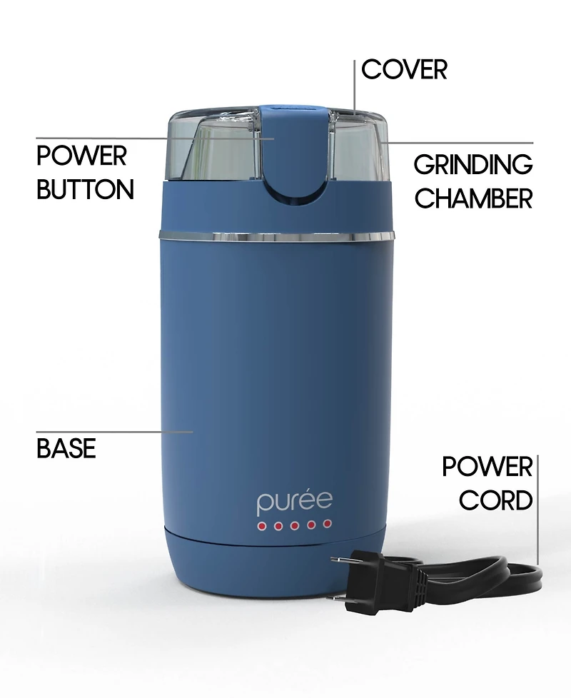 Tzumi Puree Electric Coffee Grinder, One-Touch Spice, Herb, and Bean Grinder with Stainless Steel Blades