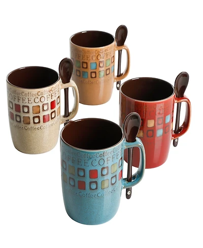 Mr. Coffee Cafe Americano 8-Piece 14 Ounce Mug Set with Spoons, Assorted Styles/Color