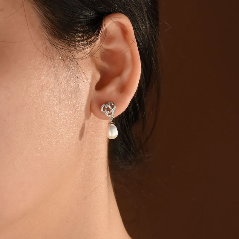 Bling Jewelry Love Knot White Freshwater Cultured Pearl Teardrop Dangle Earrings Prom Sterling Silver