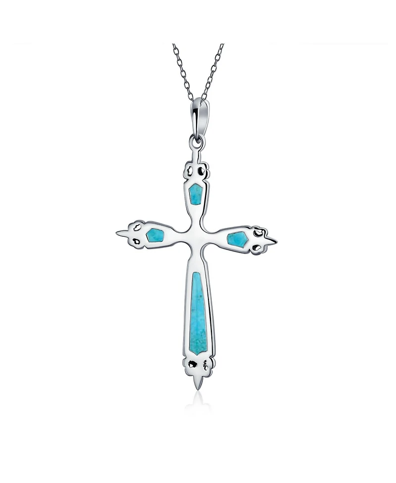 Bling Jewelry Western Style Spiritual Religious Blue Natural Turquoise Fleur De Lis Cross Pendant Necklace Oxidized Sterling Silver