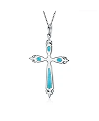 Bling Jewelry Western Style Spiritual Religious Blue Natural Turquoise Fleur De Lis Cross Pendant Necklace Oxidized Sterling Silver