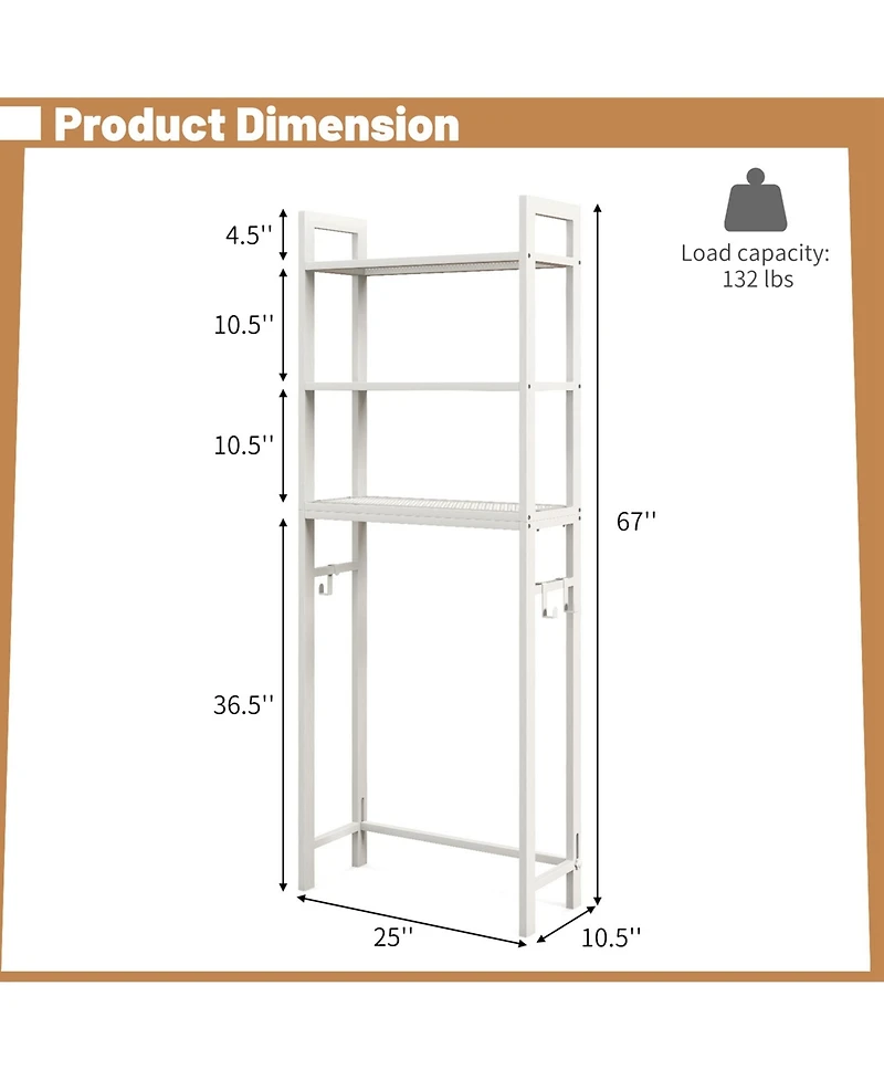 Costway Over-The-Toilet Storage Shelf Space Saving Metal Bathroom Organizer Hooks