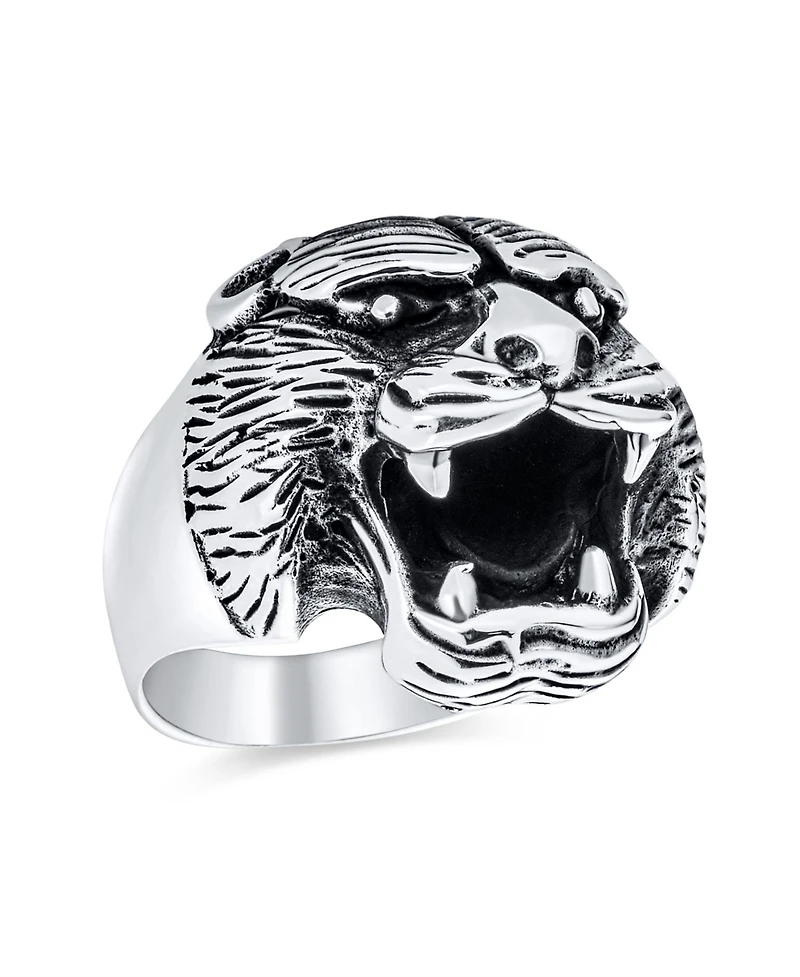 Bling Jewelry Hunter Animal Norse Viking Warrior Statement Signet Fierce Roaring 3D Big Bear Head Ring Oxidized .925 Sterling Silver