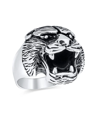 Bling Jewelry Hunter Animal Norse Viking Warrior Statement Signet Fierce Roaring 3D Big Bear Head Ring Oxidized .925 Sterling Silver