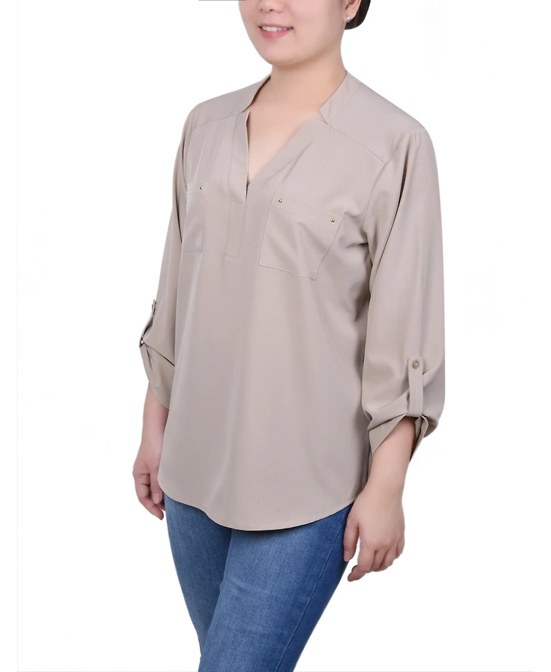 Ny Collection Women's Roll Tab Sleeve Blouse with Pockets
