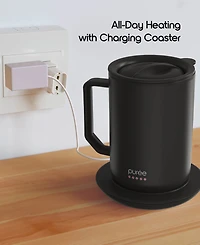 Tzumi Puree Warming Coffee Mug, 12 oz. Stainless Steel Mug with Warmer Coaster and Lid