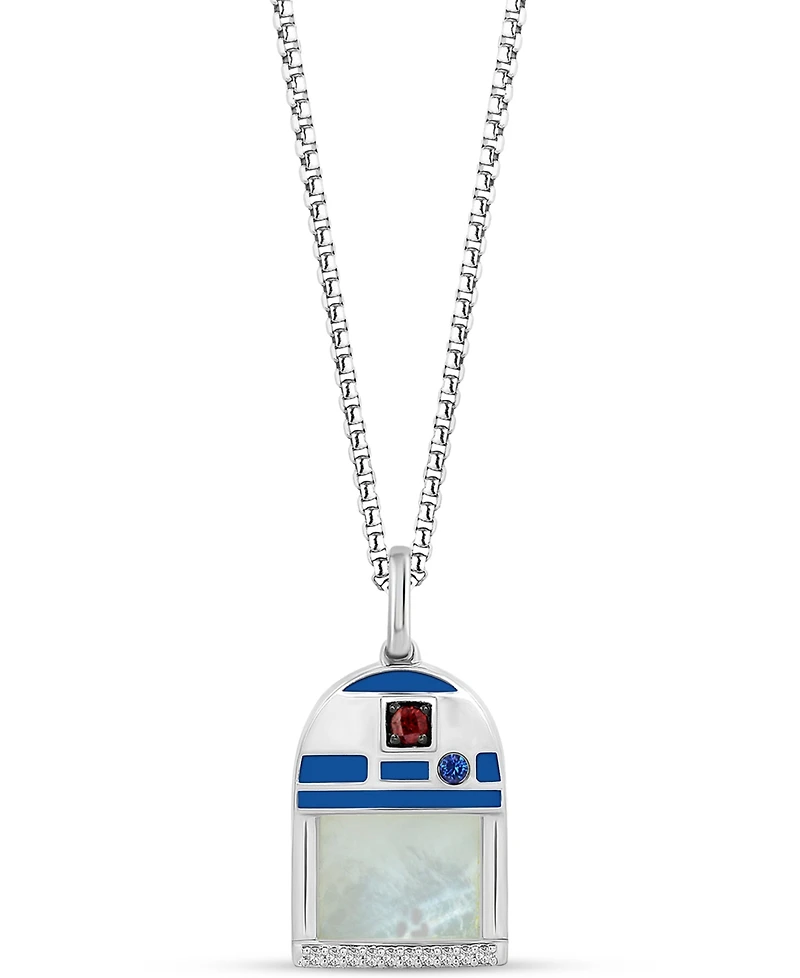 Star Wars Wonder Fine Jewelry Mother of Pearl, Sapphire, Garnet, & Diamond Accent R2D2 18" Pendant Necklace in Sterling Silver