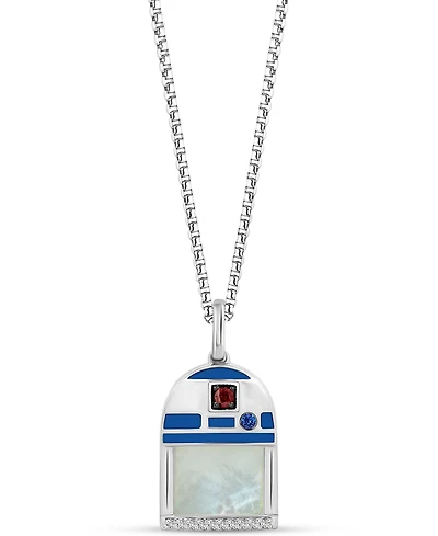 Star Wars Wonder Fine Jewelry Mother of Pearl, Sapphire, Garnet, & Diamond Accent R2D2 18" Pendant Necklace in Sterling Silver