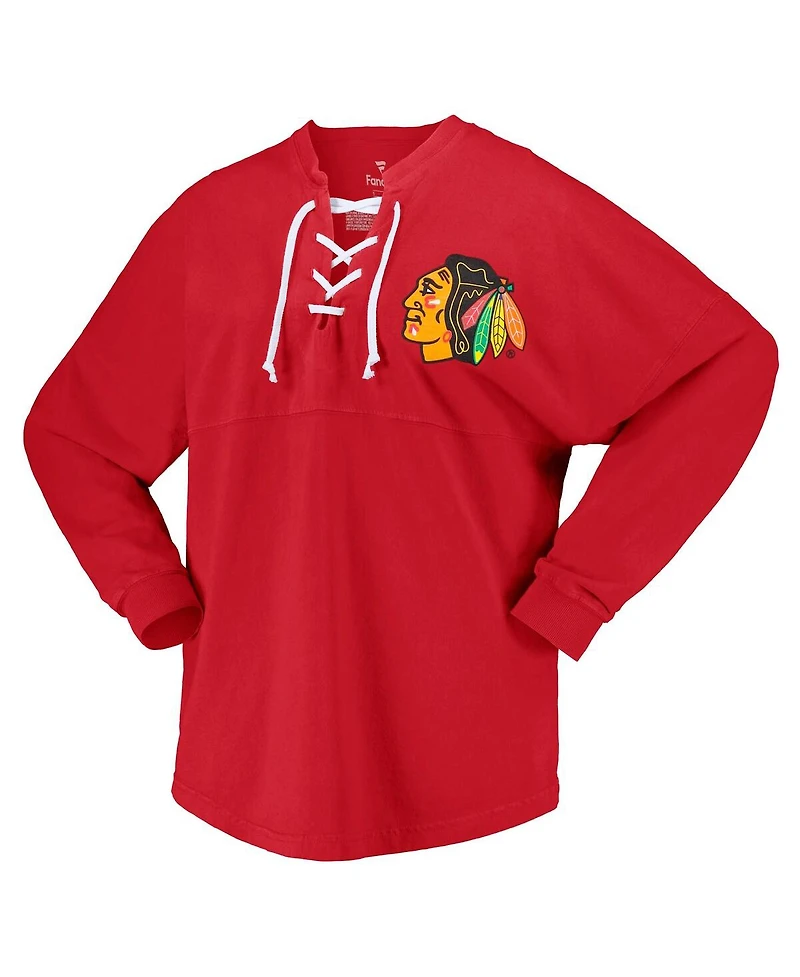 Women's Fanatics Red Chicago Blackhawks Spirit Lace-Up V-Neck Long Sleeve Jersey T-shirt