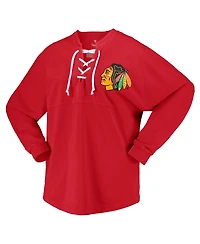 Women's Fanatics Red Chicago Blackhawks Spirit Lace-Up V-Neck Long Sleeve Jersey T-shirt