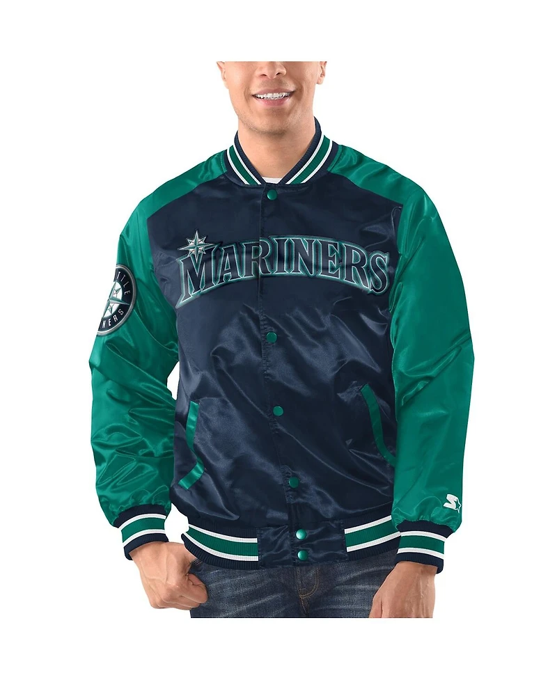 Men's Starter Navy, Aqua Seattle Mariners Varsity Satin Full-Snap Jacket