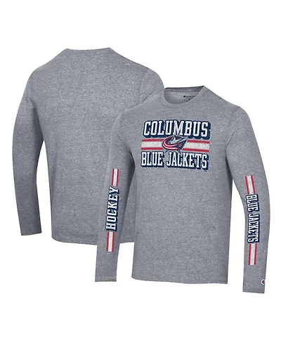 Men's Champion Heather Gray Distressed Columbus Blue Jackets Tri-Blend Dual-Stripe Long Sleeve T-shirt