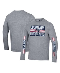 Men's Champion Heather Gray Distressed Columbus Blue Jackets Tri-Blend Dual-Stripe Long Sleeve T-shirt