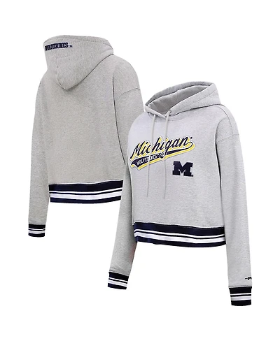 Women's Pro Standard Heather Gray Michigan Wolverines Script Tail Fleece Cropped Pullover Hoodie