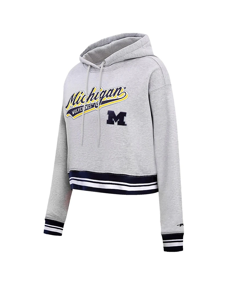 Women's Pro Standard Heather Gray Michigan Wolverines Script Tail Fleece Cropped Pullover Hoodie