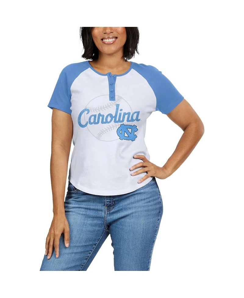 Women's Wear by Erin Andrews White Distressed North Carolina Tar Heels Baseball Logo Raglan Henley T-shirt
