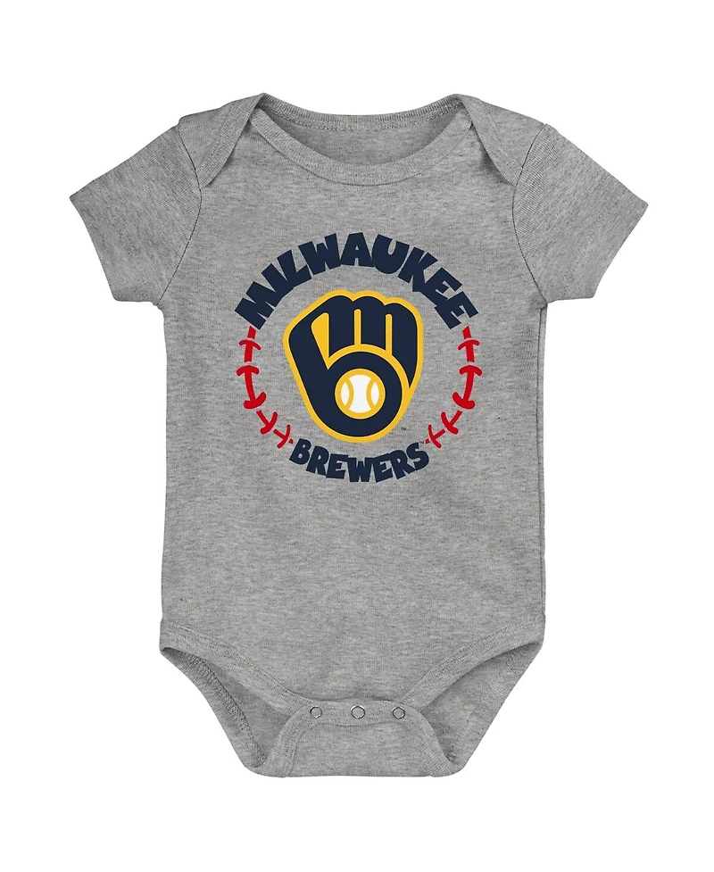 Baby Boys and Girls Gold, White, Heather Gray Milwaukee Brewers Biggest Little Fan 3-Pack Bodysuit Set