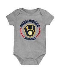 Baby Boys and Girls Gold, White, Heather Gray Milwaukee Brewers Biggest Little Fan 3-Pack Bodysuit Set