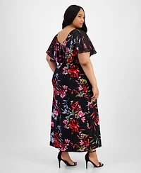 Connected Plus V-Neck Floral Cape Maxi Dress