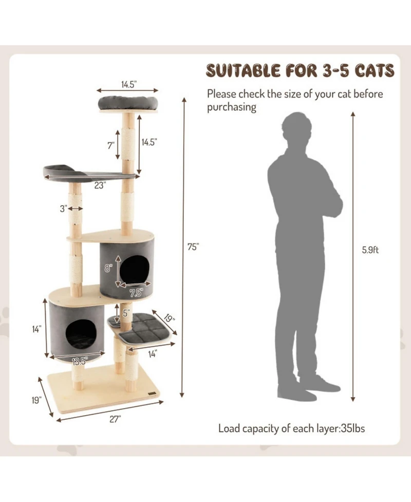 Sugift 6-Tier Wooden Cat Tree with 2 Removeable Condos Platforms and Perch