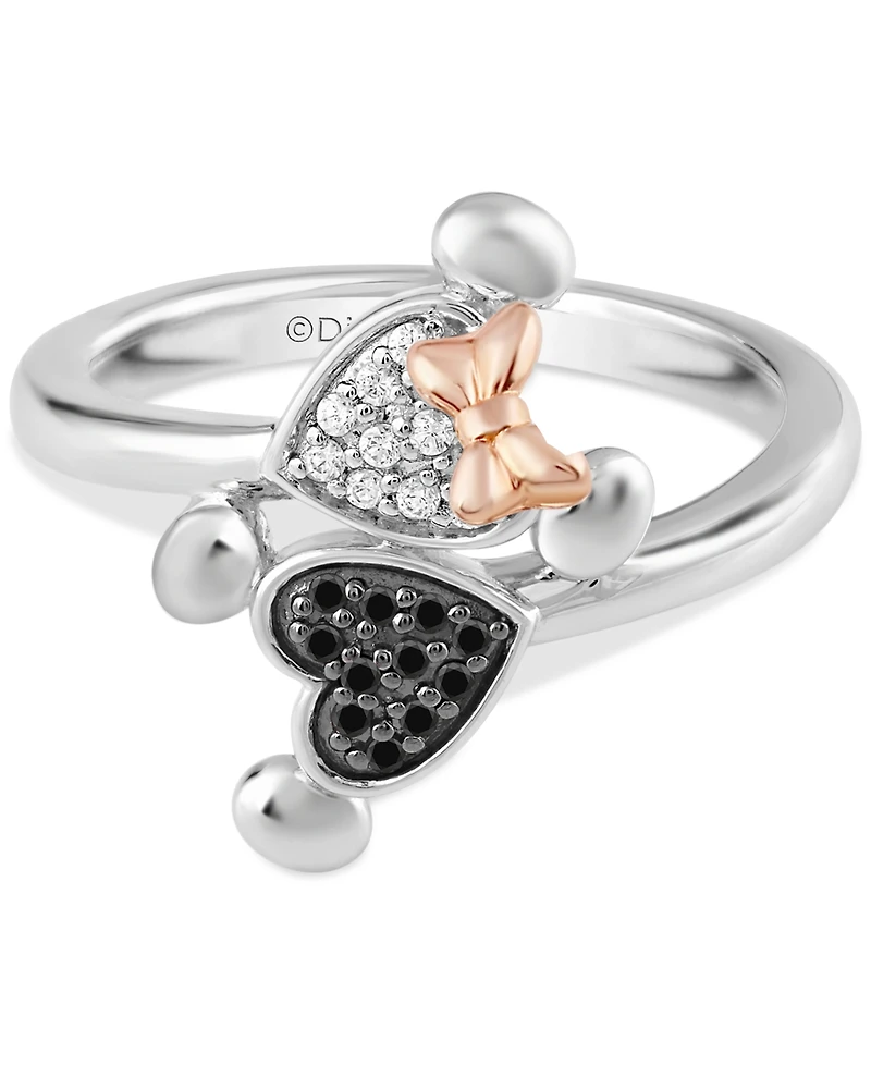 Disney Wonder Fine Jewelry Black & White Diamond Minnie Mickey Mouse Bypass Ring (1/5 ct. t.w.) Sterling Silver Rose Gold-Plate