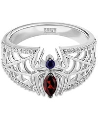 Marvel Wonder Fine Jewelry Garnet (1/4ct. t.w.) Sapphire (1/20 ct. t.w.) & Diamond (1/6 ct. t.w.) Spiderman Ring in Sterling Silver