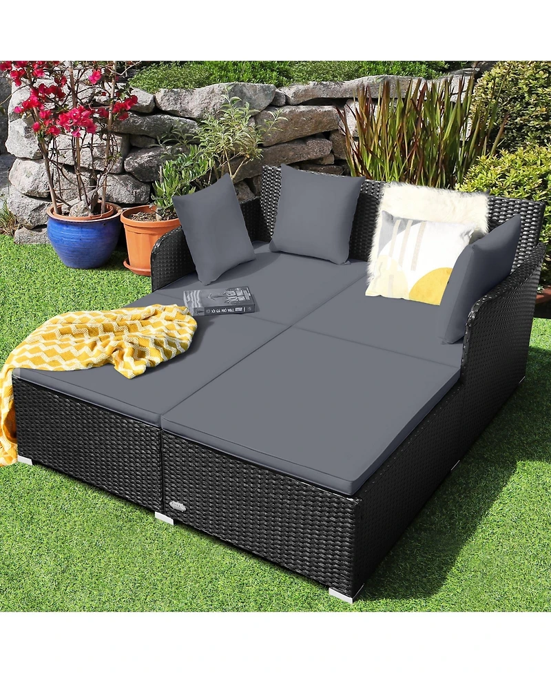 Slickblue Spacious Outdoor Rattan Daybed with Upholstered Cushions and Pillows