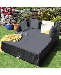 Slickblue Spacious Outdoor Rattan Daybed with Upholstered Cushions and Pillows
