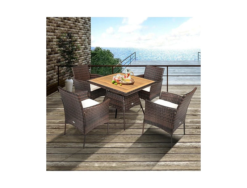 Slickblue 5 Pieces Patio Rattan Dining Furniture Set with Arm Chair and Wooden Table Top