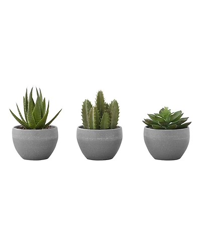 Monarch Specialties 6" Indoor Artificial Succulent Plants with Decorative Grey Cement Pots, Set Of 3