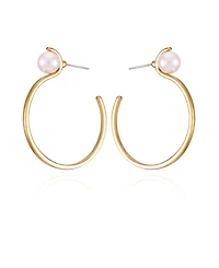T Tahari Gold-Tone Imitation Pearl Open Hoop Earrings