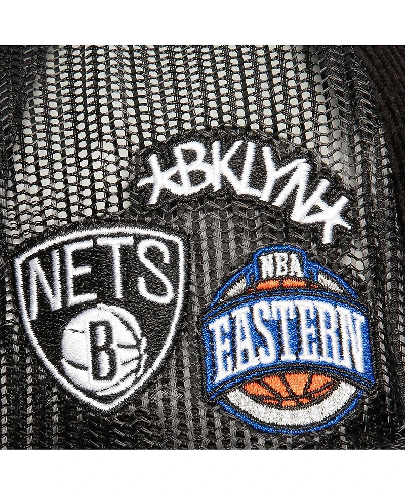 Men's Mitchell & Ness Black Brooklyn Nets Times Up Classic Script Cord Trucker Hat