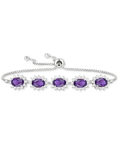 Amethyst (2 ct. t.w.) & Lab-Grown White Sapphire (3/4 Halo Five Stone Bolo Bracelet Sterling Silver (Also Morganite, Lab-Gro