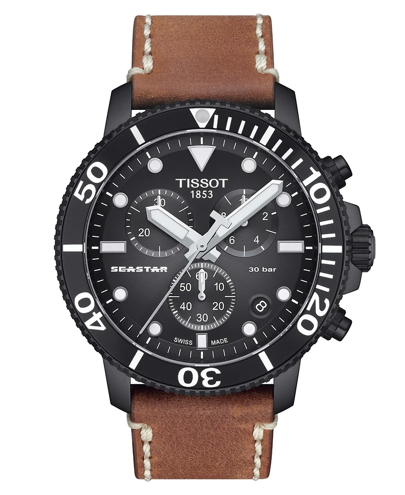 Tissot Men's Swiss Chronograph Seastar Brown Leather Strap Watch 46mm