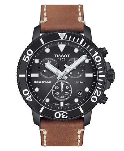 Tissot Men's Swiss Chronograph Seastar Brown Leather Strap Watch 46mm