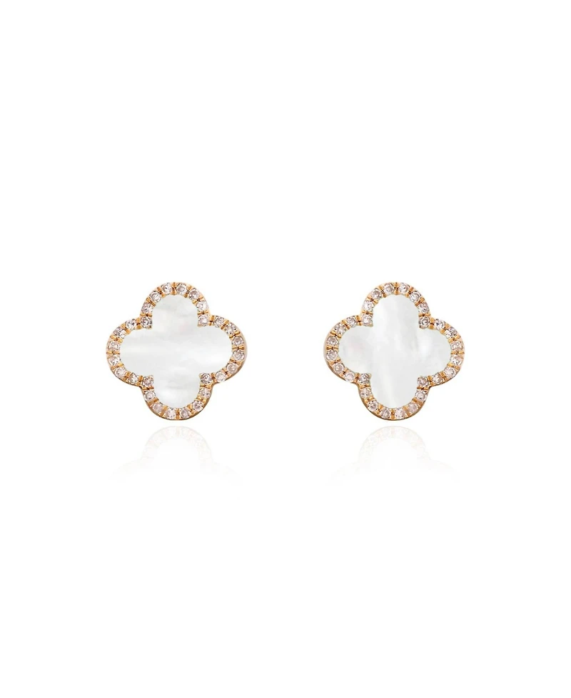 The Lovery Mother of Pearl Diamond Clover Stud Earrings 14K Gold