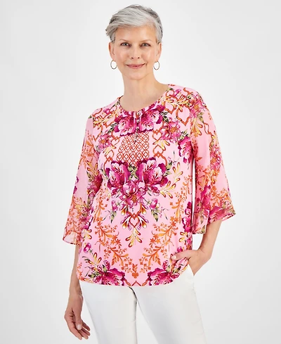 Jm Collection Women's Button-Trim Printed 3/4-Sleeve Top, Created for Macy's