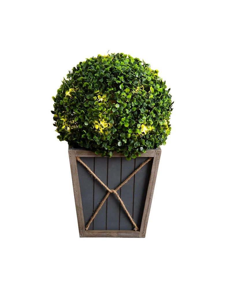 Nearly Natural 18in. Uv Resistant Artificial Boxwood Ball Topiary with Led Lights in Decorative Planter Indoor/Outdoor