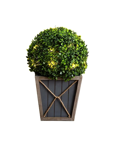 Nearly Natural 18in. Uv Resistant Artificial Boxwood Ball Topiary with Led Lights in Decorative Planter Indoor/Outdoor