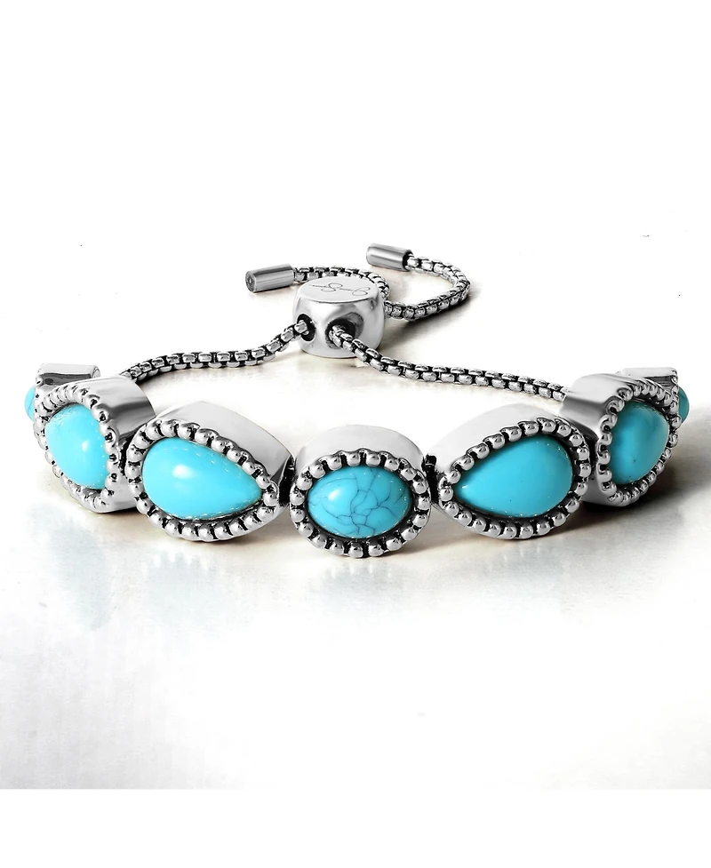 Jessica Simpson Womens Turquoise Stone Slider Bracelet - Oxidized Gold-Tone or Silver-Tone Lariat Bracelet with Turquoise Accents