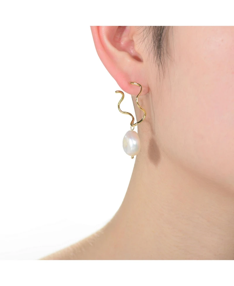 Very Stylish Sterling Silver with 14K Gold Plating and Genuine Freshwater Pearl Curvy Dangling Earrings