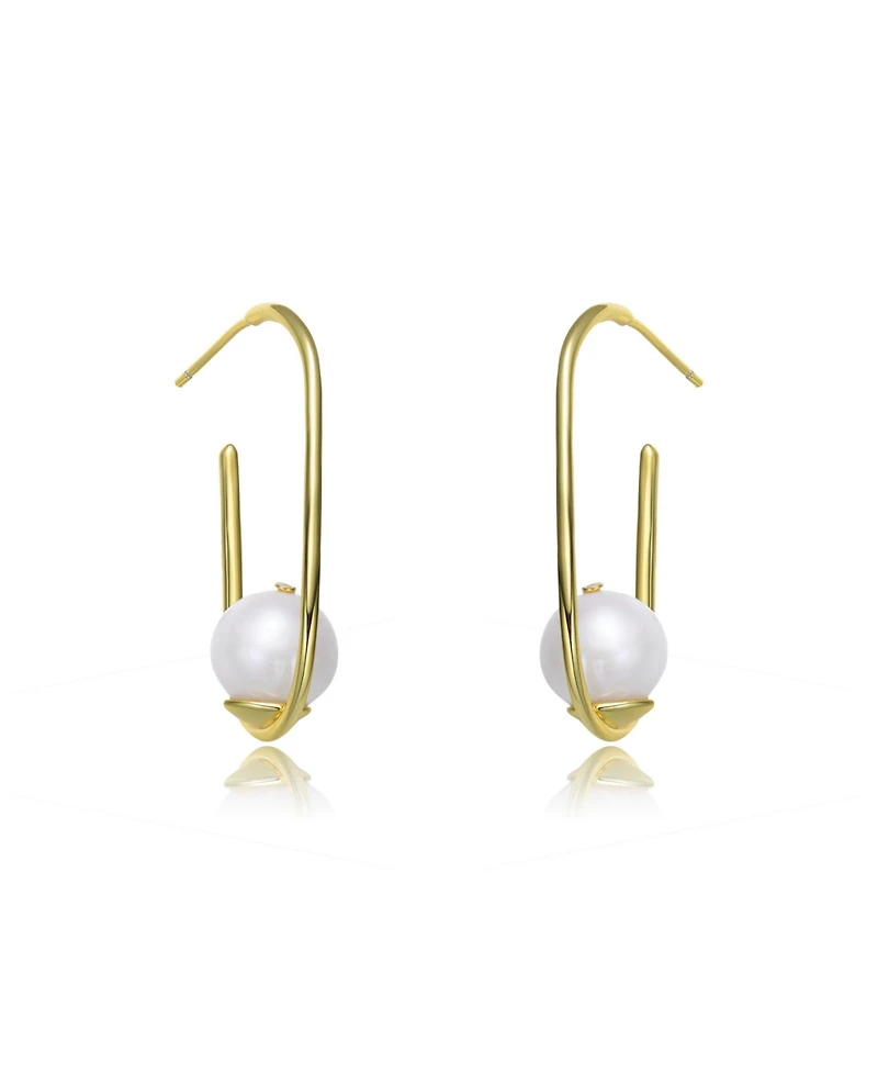 Stylish Sterling Silver 14K Gold Plating and Genuine Freshwater Pearl Square Hoop Earrings
