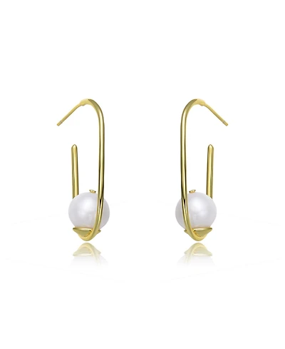 Stylish Sterling Silver 14K Gold Plating and Genuine Freshwater Pearl Square Hoop Earrings