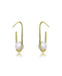 Stylish Sterling Silver 14K Gold Plating and Genuine Freshwater Pearl Square Hoop Earrings